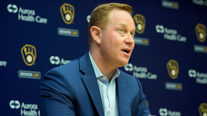 Senior Vice President and General Manager Matt Arnold speaks during an an end of season press conference at American Family Field in Milwaukee on Tuesday, Oct. 10, 2023.