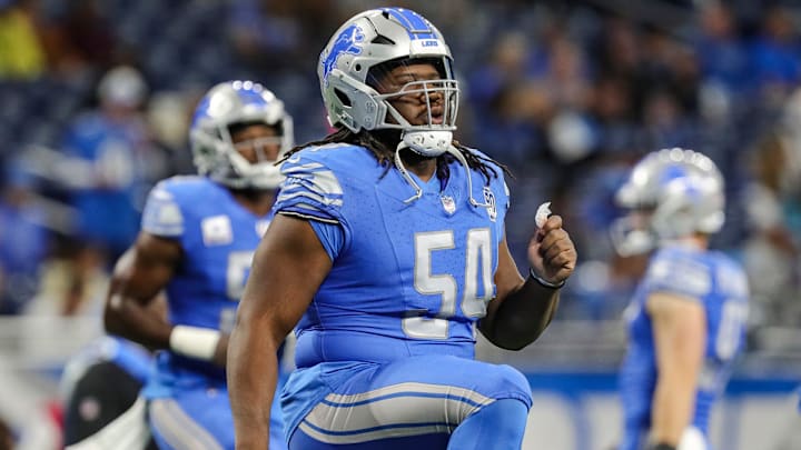 Detroit Lions defensive tackle Alim McNeill warms up before the game vs. the Carolina Panthers at Ford Field in Detroit on Sunday, Oct. 8, 2023.