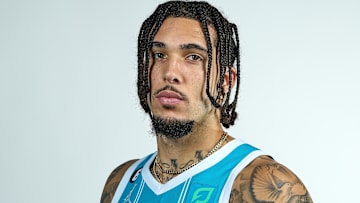 Charlotte Hornets guard LiAngelo Ball (18)  poses during Charlotte Hornets Media Day at the Spectrum Center in Charlotte, NC. 