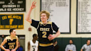 Essex's Stephen Astor (2) celebrates after making a 3-pointer during the boys  quarterfinal basketball game between the Essex Hornets and the Rice Green Knights at Rice Memorial High School on Friday night March 8, 2019 in South Burlington, Vermont.

Essex Vs Rice Boys Basketball 03 08 19