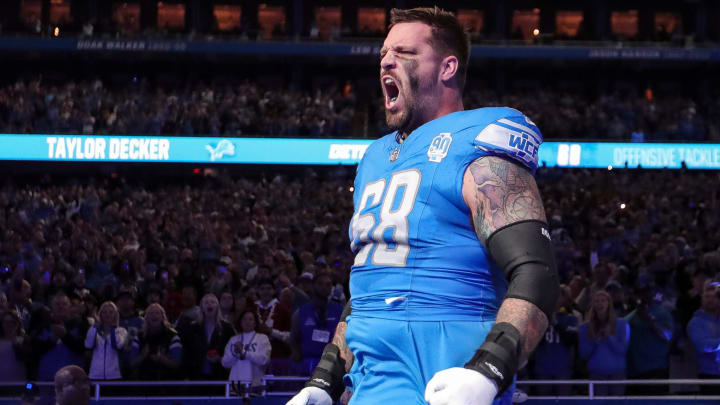 Detroit Lions offensive tackle Taylor Decker (68) takes the field during introduction before the between Detroit Lions and Carolina Panthers at Ford Field in Detroit on Sunday, Oct. 8, 2023.