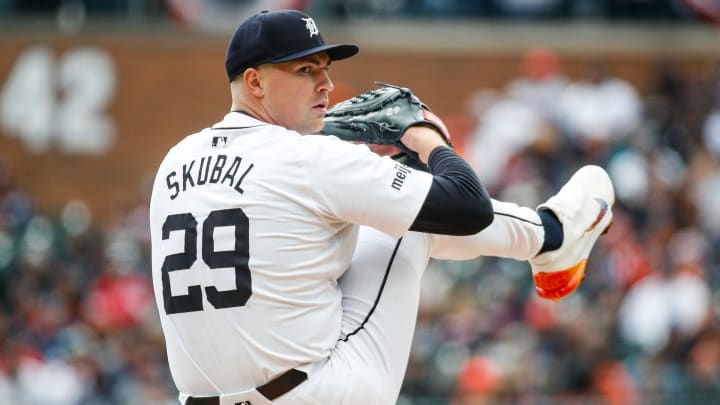 Detroit Tigers pitcher Tarik Skubal (29) throws against Oakland Athletics during the fourth inning of the home opening day at Comerica Park in Detroit on Friday, April 5, 2024