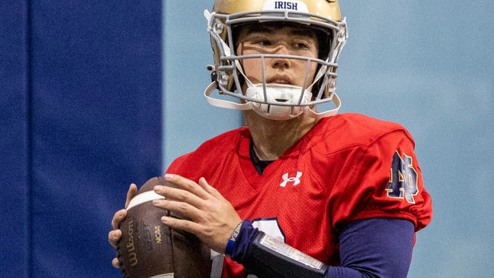 Notre Dame quarterback Tyler Buchner (12) during Notre Dame Spring Practice