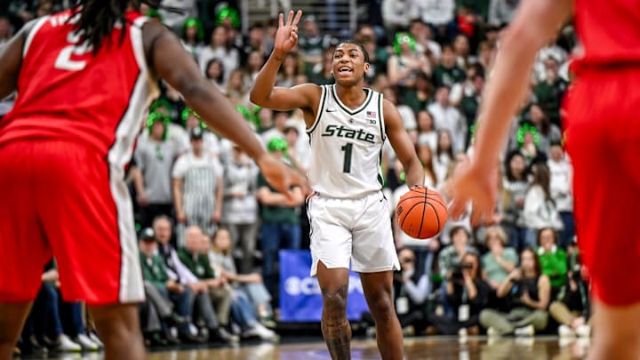 Michigan State's Jeremy Fears Jr. communicates with teammates during the first half in the game against Ohio State on Sunday, Feb. 22, 2026, at the Breslin Center in East Lansing.