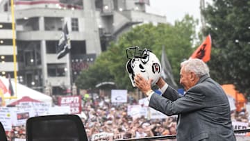 Lee Corso raises a South Carolina helmet before live broadcast during ESPN Gameday near Williams-Brice Stadium in Columbia, S.C.Saturday, September 14, 2024.