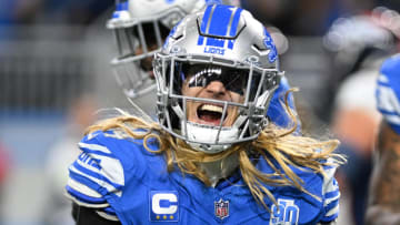 Dec 16, 2023; Detroit, Michigan, USA; Detroit Lions linebacker Alex Anzalone (34) celebrates after a sack by defensive end Josh Paschal (not pictured) against Denver Broncos quarterback Russell Wilson (not pictured) in the second quarter at Ford Field. Mandatory Credit: Lon Horwedel-USA TODAY Sports