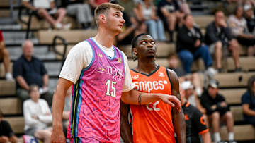 Team Tri-Star and Michigan State's Carson Cooper, left, and Team Snipes and Michigan State's Trey Fort look on during the Moneyball Pro-Am on Tuesday, June 24, 2025, at Holt High School.
