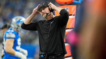 Detroit Lions head coach Dan Campbell watches from the sidelines in the first quarter against the Washington Commanders in the NFC divisional round at Ford Field in Detroit on Saturday, Jan. 18, 2025.