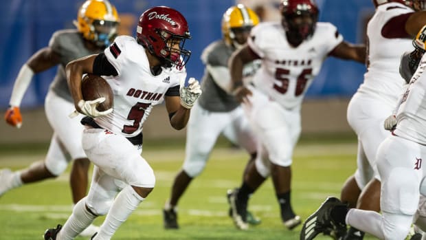 Dothan's Tamarion Peterson (5) runs the ball at Cramton Bowl in Montgomery, Ala., on Thursday, Oct. 27, 2022. 