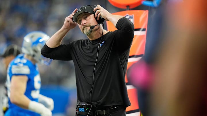 Detroit Lions head coach Dan Campbell watches from the sidelines in the first quarter against the Washington Commanders in the NFC divisional round at Ford Field in Detroit on Saturday, Jan. 18, 2025.