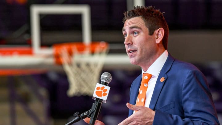 Shawn Poppie, Clemson University Tigers women's basketball coach speaks during a press conference introducing him at Littlejohn Coliseum in Clemson, S.C. Monday, April 2, 2024.