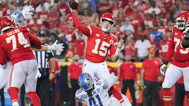 Lions linebacker James Houston tackles Chiefs quarterback Patrick Mahomes during the second half of the Lions' 21-20 win on Thursday, Sept. 7, 2023, in Kansas City, Missouri. Lions linebacker James Houston tackles Chiefs quarterback Patrick Mahomes during the second half of the Lions' 21-20 win on Thursday, Sept. 7, 2023, in Kansas City, Missouri.