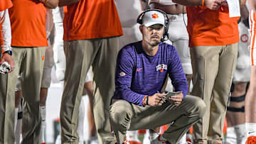 Sep 4, 2023; Durham, North Carolina, USA; Clemson Tigers offensive coordinator Garrett Riley during the third quarter against the Duke Blue Devils at Wallace Wade Stadium in Durham, N.C. Mandatory Credit: Ken Ruinard-Imagn Images