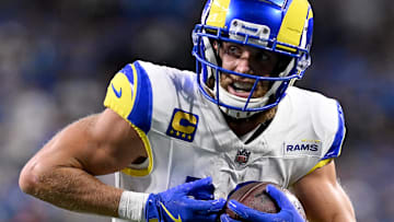 Sep 8, 2024; Detroit, Michigan, USA; Los Angeles Rams wide receiver Cooper Kupp (10) catches a pass and runs for a touchdown against the Detroit Lions in the fourth quarter at Ford Field. Mandatory Credit: Lon Horwedel-Imagn Images