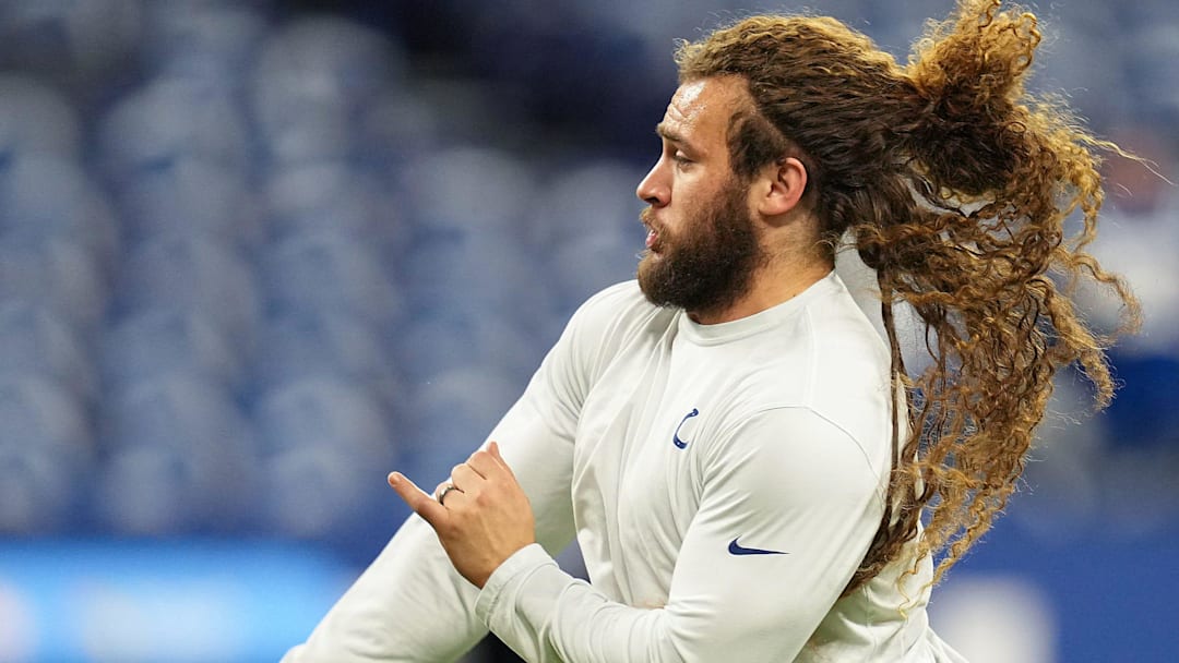 Indianapolis Colts linebacker Grant Stuard (41) warms up on Monday, Dec. 26, 2022, before the game against the Los Angeles Chargers at Lucas Oil Stadium in Indianapolis.