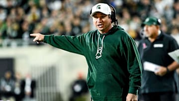Michigan State's head coach Jonathan Smith calls out to a referee in the second quarter in the game against Iowa on Saturday, Oct. 19, 2024, at Spartan Stadium in East Lansing.