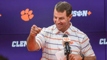 Clemson head coach Dabo Swinney talks during the Clemson football Media Outing & Open House at the Allen N. Reeves Football Complex in Clemson, S.C.