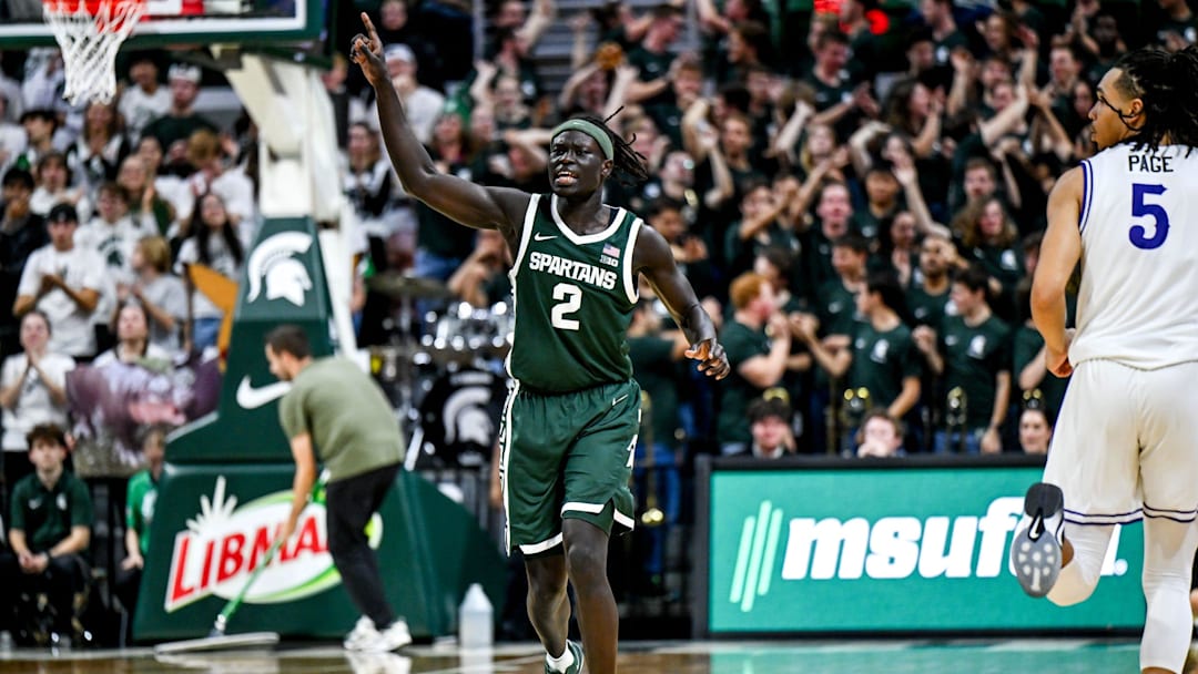 Michigan State's Kur Teng celebrates after a 3-pointer against Niagara during the second half on Thursday, Nov. 7, 2024, at the Breslin Center in East Lansing.