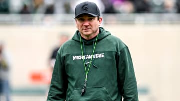 Michigan State's head coach Jonathan Smith walks to the sideline during the Spring Showcase on Saturday, April 20, 2024, at Spartan Stadium in East Lansing.