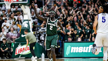 Michigan State's Kur Teng celebrates after a 3-pointer against Niagara during the second half on Thursday, Nov. 7, 2024, at the Breslin Center in East Lansing.