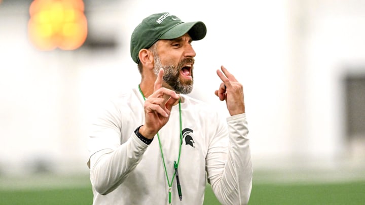 Michigan State's defensive coordinator Joe Rossi gives instructions while working with linebackers during camp on Monday, Aug. 5, 2024, at the indoor practice facility in East Lansing.