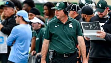 Michigan State's head coach Jonathan Smith looks on from the sideline during the second quarter in the game against Youngstown State on Saturday, Sept. 13, 2025, at Spartan Stadium in East Lansing.