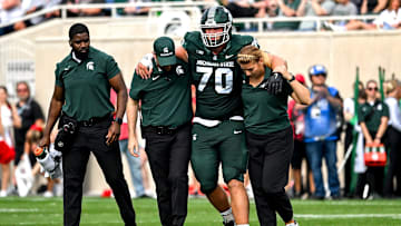 Michigan State's Luka Vincic walks off the field after an injury against Youngstown State during the second quarter on Saturday, Sept. 13, 2025, at Spartan Stadium in East Lansing.