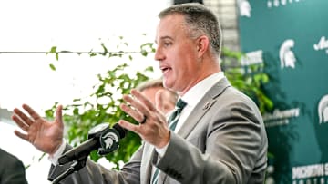 Michigan State's new football coach Pat Fitzgerald speaks during his introductory press conference on Tuesday, Dec. 2, 2025, at the Tom Izzo Football Building in East Lansing.