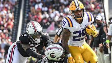 Louisiana State University running back Caden Durham (29) runs near South Carolina defensive tackle Tonka Hemingway (91) during the fourth quarter at Williams-Brice Stadium in Columbia, S.C. Saturday, September 14, 2024.