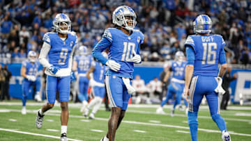 Lions quarterback Teddy Bridgewater warms up before the NFC divisional playoff game between the Lions and Buccaneers at Ford Field on Sunday, Jan, 21, 2024.