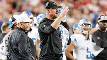 Detroit Lions coach Dan Campbell reacts to a play against the San Francisco 49ers during the second half of the Lions' 34-31 loss in the NFC championship game in Santa Clara, California, on Sunday, Jan. 28, 2024.