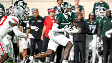 Michigan State's Jaron Glover catches a touchdown pass against Ohio State during the second quarter on Saturday, Sept. 28, 2024, at Spartan Stadium in East Lansing.