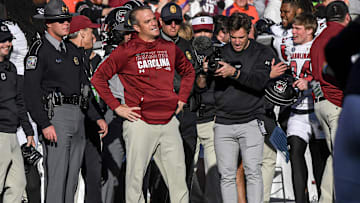 Nov 30, 2024; Clemson, South Carolina, USA; South Carolina Head Coach Shane Beamer smiles after the game against Clemson at Memorial Stadium. Mandatory Credit: Ken Ruinard-Imagn Images