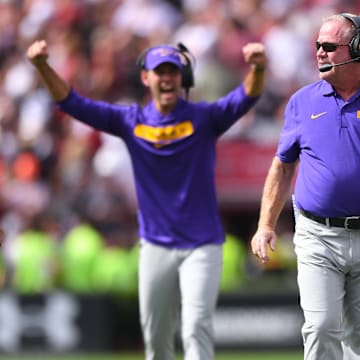 Sep 14, 2024; Columbia, South Carolina, USA; LSU Tigers head coach Brian Kelly reacts during the fourth quarter against the South Carolina Gamecocks at Williams-Brice Stadium. Mandatory Credit: Ken Ruinard/USA TODAY Network via Imagn Images