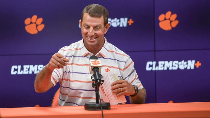 Clemson head coach Dabo Swinney talks during the Clemson football Media Outing & Open House at the Allen N. Reeves Football Complex in Clemson, S.C. Tuesday, July 16, 2024.