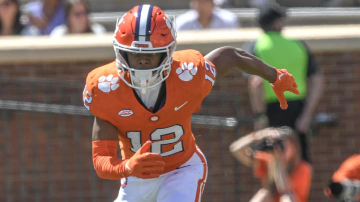 Clemson wide receiver Bryant Wesco Jr. (12) runs a route during the Spring football game in Clemson, S.C. Saturday, April 6, 2024.