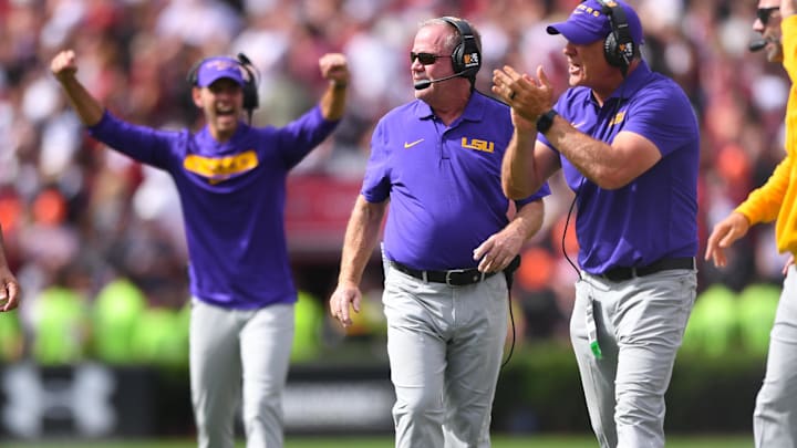 Sep 14, 2024; Columbia, South Carolina, USA; LSU Tigers head coach Brian Kelly reacts during the fourth quarter against the South Carolina Gamecocks at Williams-Brice Stadium. Mandatory Credit: Ken Ruinard/USA TODAY Network via Imagn Images