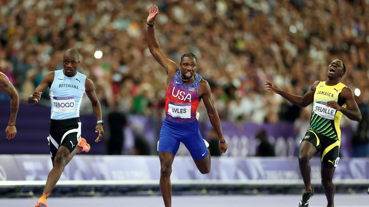 Noah Lyles after winning the 100m final at the Paris Games