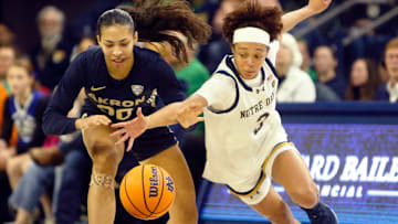 Notre Dame junior Hannah Hidalgo (3) goes to steal the ball from Akron's Keiryn McGuff during an NCAA women's college basketball game between Notre Dame and Akron Wednesday, Nov. 12, 2025, at Purcell Pavilion in South Bend, Indiana.