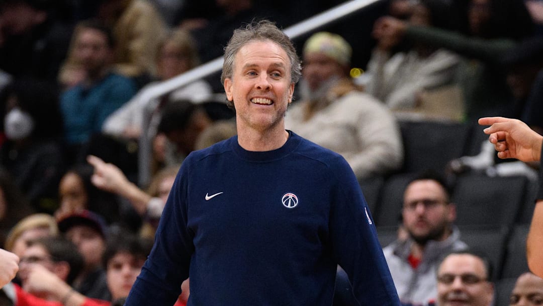 Jan 1, 2025; Washington, District of Columbia, USA; Washington Wizards head coach Brian Keefe reacts during the third quarter against the Chicago Bulls at Capital One Arena. Mandatory Credit: Reggie Hildred-Imagn Images
