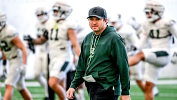 Michigan State football head coach Jonathan Smith looks on during practice on Tuesday, April 8, 2025, in East Lansing.