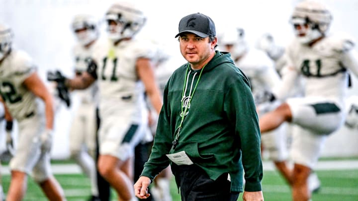 Michigan State football head coach Jonathan Smith looks on during practice on Tuesday, April 8, 2025, in East Lansing.