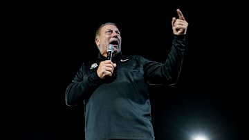 Tom Izzo addresses the crowd during the Izzone campout on Friday, Oct. 4, 2024, at Munn Field in East Lansing.