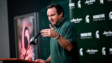 Michigan State coach Jonathan Smith talks the media on the first national signing day for college football recruits Wednesday, Dec. 4, 2024, at Spartan Stadium in East Lansing.