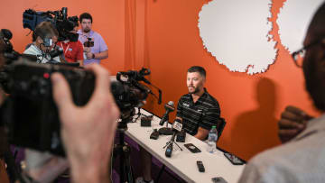 Clemson offensive coordinator Garrett Riley speaks during the Clemson football Media Outing & Open House at the Allen N. Reeves Football Complex in Clemson, S.C. Tuesday, July 16, 2024.