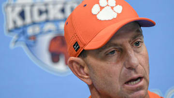 Aug 31, 2024; Atlanta, Georgia, USA; Clemson Tigers head coach Dabo Swinney talks with media after the 2024 Aflac Kickoff Game against the Georgia Bulldogs at Mercedes-Benz Stadium. 