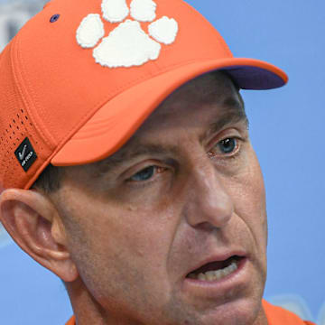 Aug 31, 2024; Atlanta, Georgia, USA; Clemson Tigers head coach Dabo Swinney talks with media after the 2024 Aflac Kickoff Game against the Georgia Bulldogs at Mercedes-Benz Stadium. 