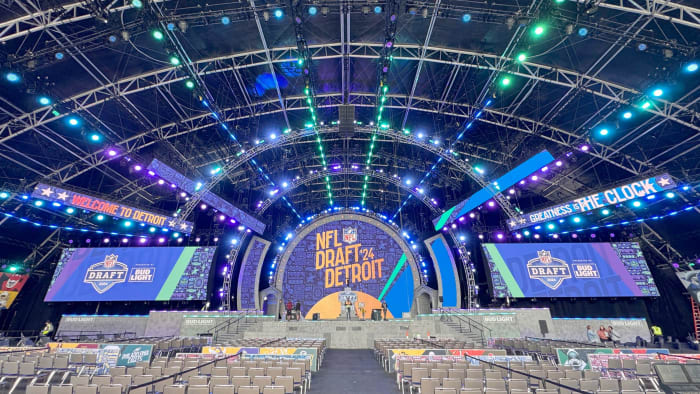 The main stage as work goes on at the NFL Draft Theater near Campus Martius in Detroit on Tuesday,