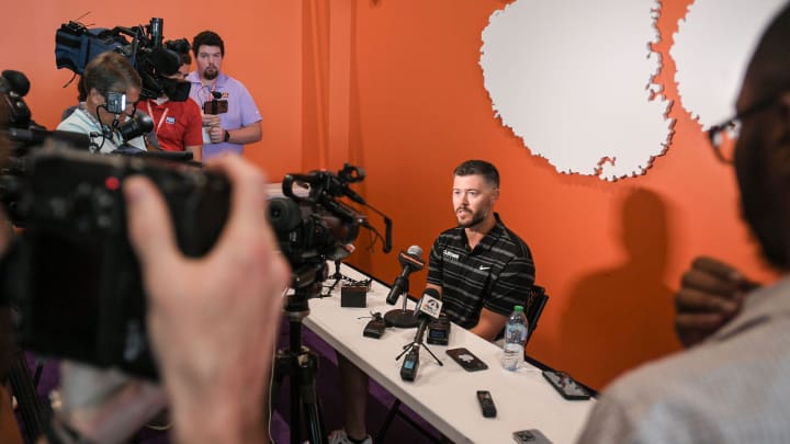 Clemson offensive coordinator Garrett Riley speaks during the Clemson football Media Outing & Open House at the Allen N. Reeves Football Complex in Clemson, S.C. Tuesday, July 16, 2024.