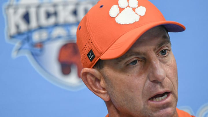 Aug 31, 2024; Atlanta, Georgia, USA; Clemson Tigers head coach Dabo Swinney talks with media after the 2024 Aflac Kickoff Game against the Georgia Bulldogs at Mercedes-Benz Stadium. 